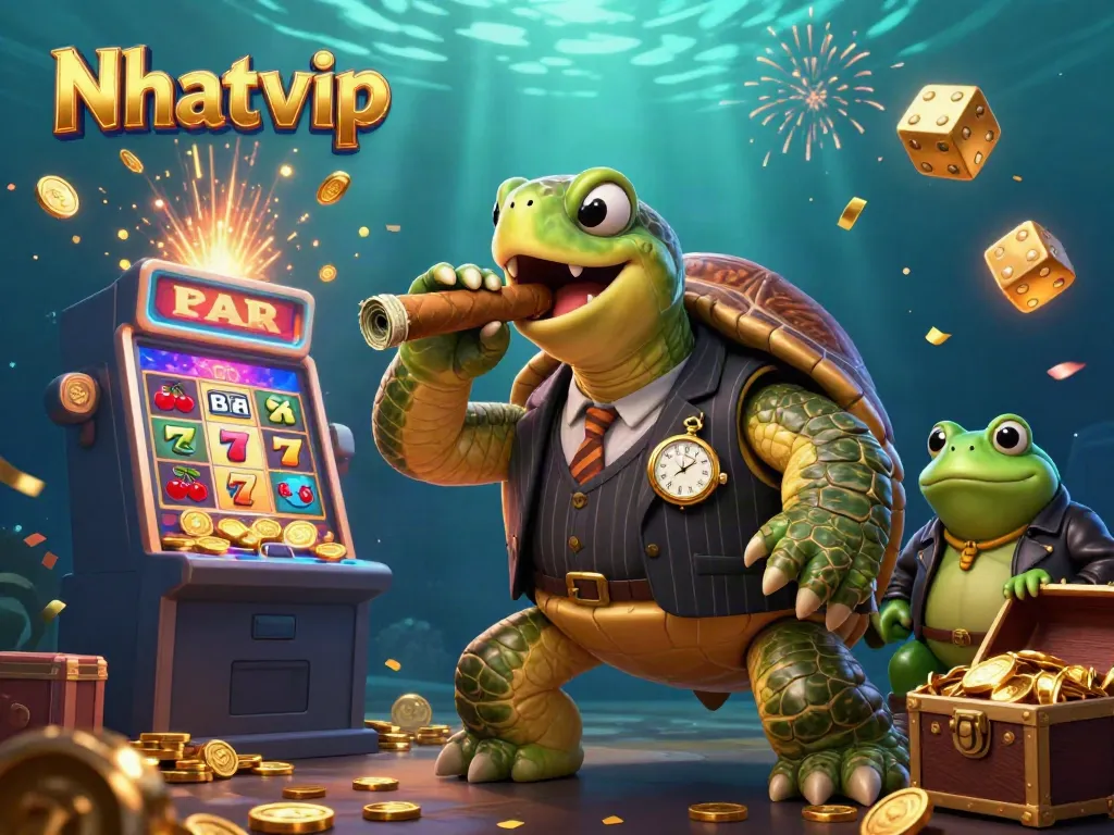 Nhatvip showcases a vibrant 3D illustration of a snapping turtle in a casino scene with dynamic gaming elements.