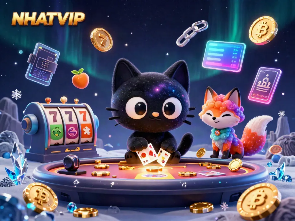 Engage with NHATVIP's thrilling casino action featuring cosmic elements and vibrant game symbols.