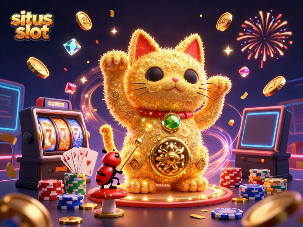Experience thrilling action at situs slot with a lucky cat and golden symbols lighting up the casino scene.