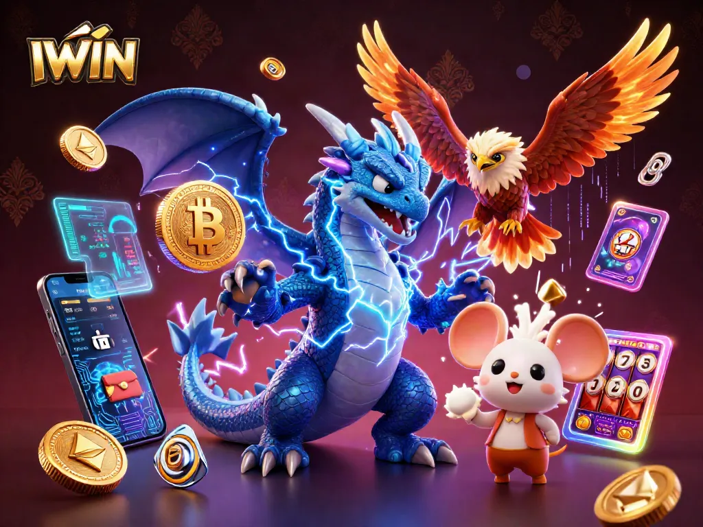 IWIN slot gaming illustration featuring a mythical thunder dragon, wind hawk, and thunder mouse amidst Bitcoin and slot machine elements