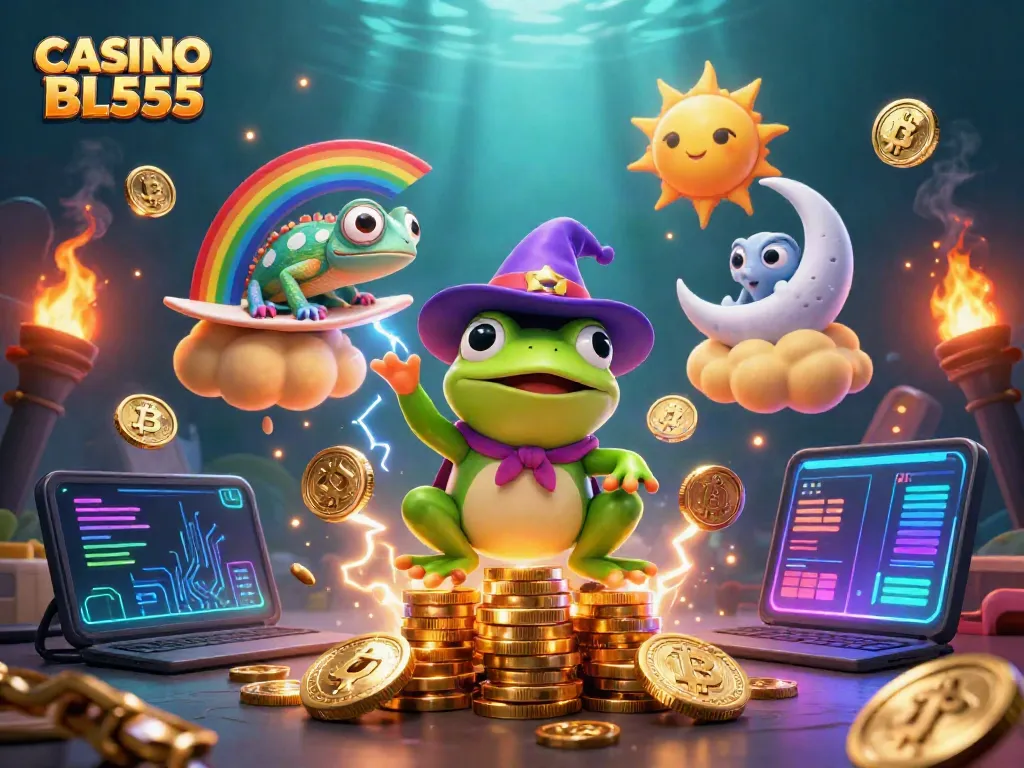 Win big at CASINO BL555 with vibrant characters, golden coins, and cryptocurrency elements.