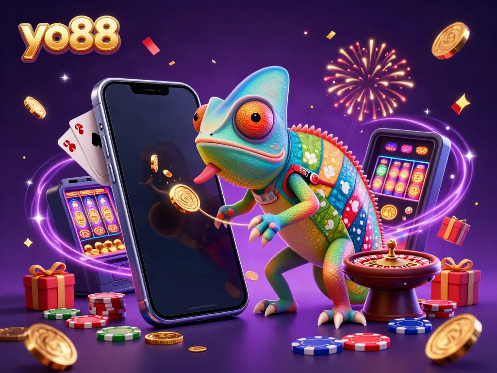 Experience thrilling gameplay at yo88 with a vibrant casino scene featuring a colorful chameleon owner and dynamic elements.