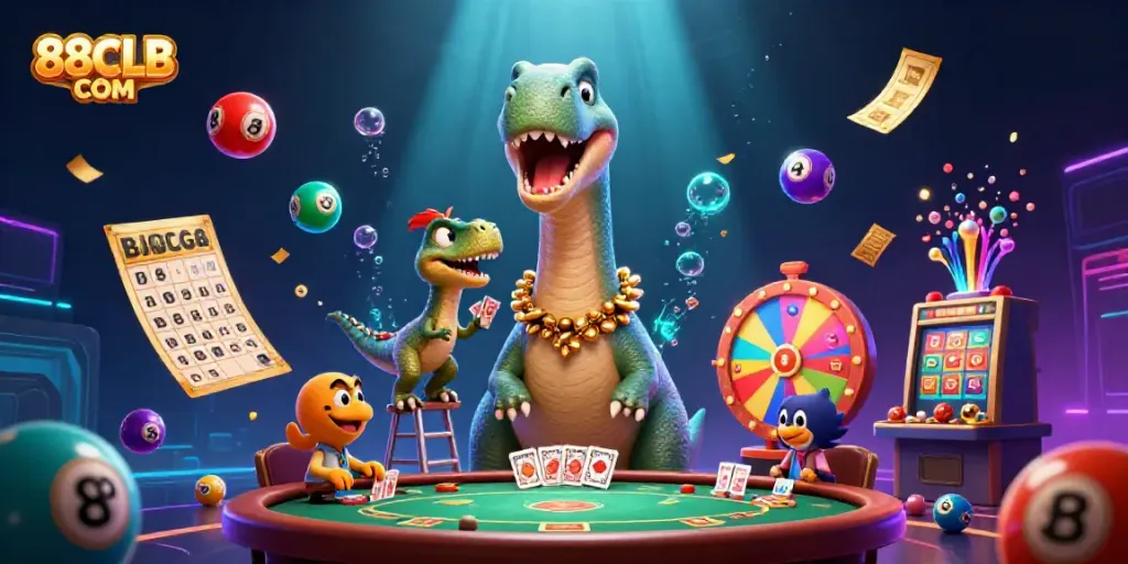 Engage with the vibrant 88CLB COM experience, featuring a playful scene with a brontosaurus and raptor in a lively casino