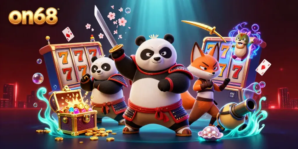 Engage with on68's thrilling 3D casino adventure, showcasing colorful jackpot reels and vibrant characters.