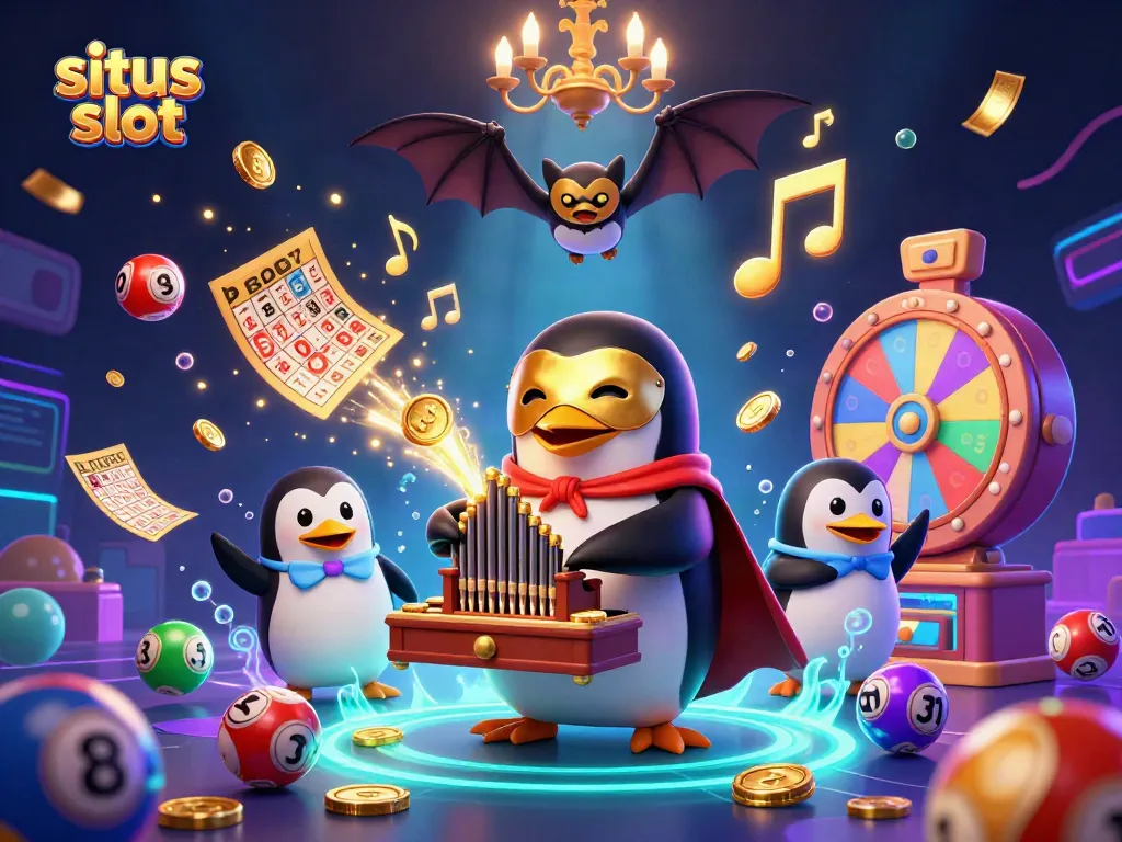 Permainan situs slot dengan penguin opera dan akrobat kelelawar, dikelilingi bola lotere berwarna.
