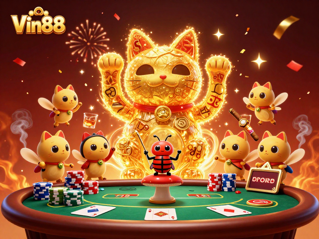Experience the vibrant energy of Vin88 with a cheerful lucky cat amidst dynamic casino elements.