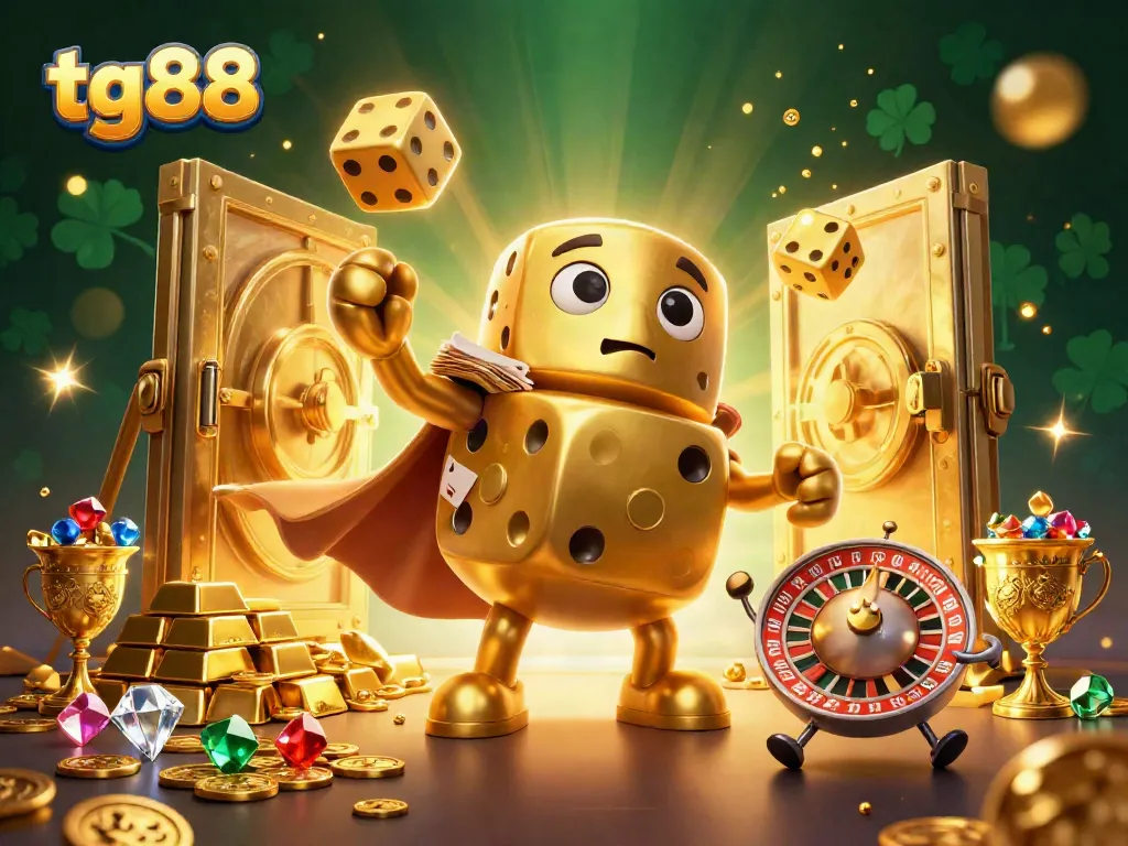 Experience tg88's action as a playful golden dice golem juggles wealth in a dazzling casino scene.