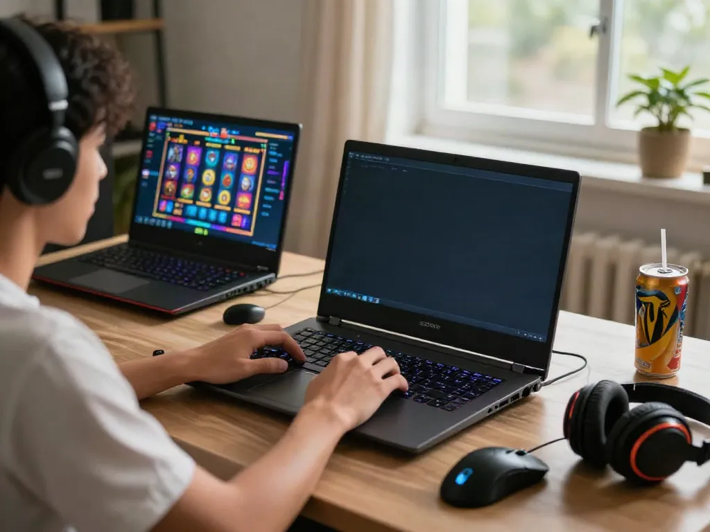Player enjoying situs gacor slot games at home with vibrant screen display and gaming accessories