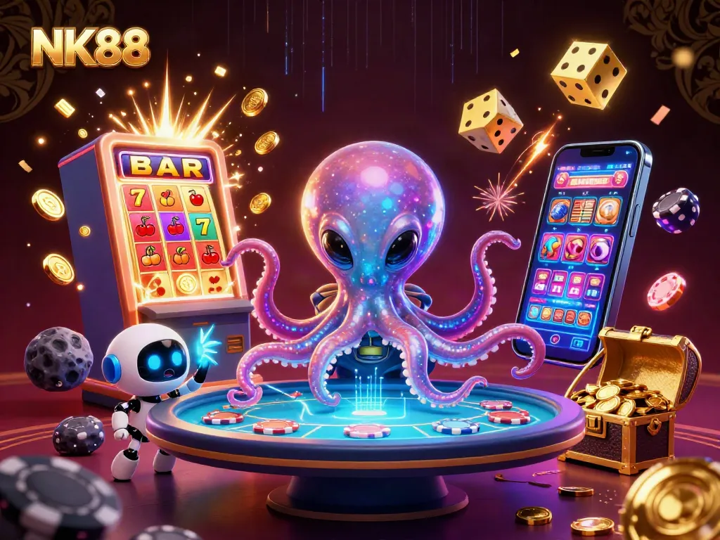 Play exciting poker with NK88's alien octopus character surrounded by dynamic casino elements.