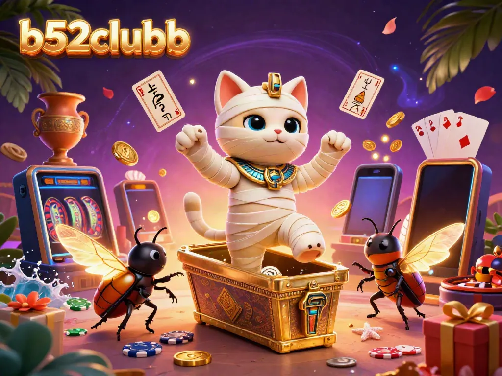 Experience the excitement of b52clubb with a lively scene featuring a mummy cat and casino action, vibrant colors and rich details.