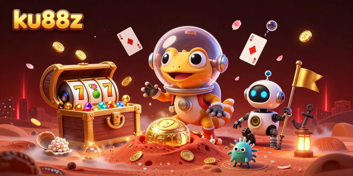 ku88z showcases a vibrant alien casino scene with a Martian gecko, rich game elements, and engaging visuals.