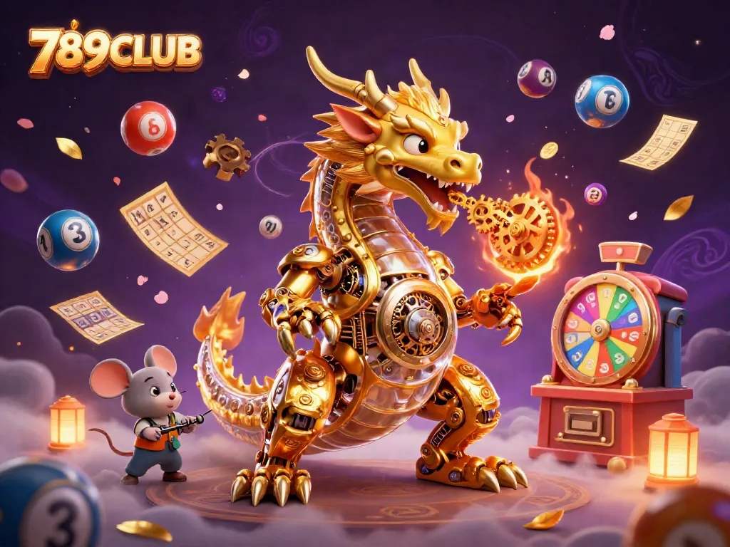 Explore thrilling games at 789CLUB with a vibrant dragon and interactive lottery elements.