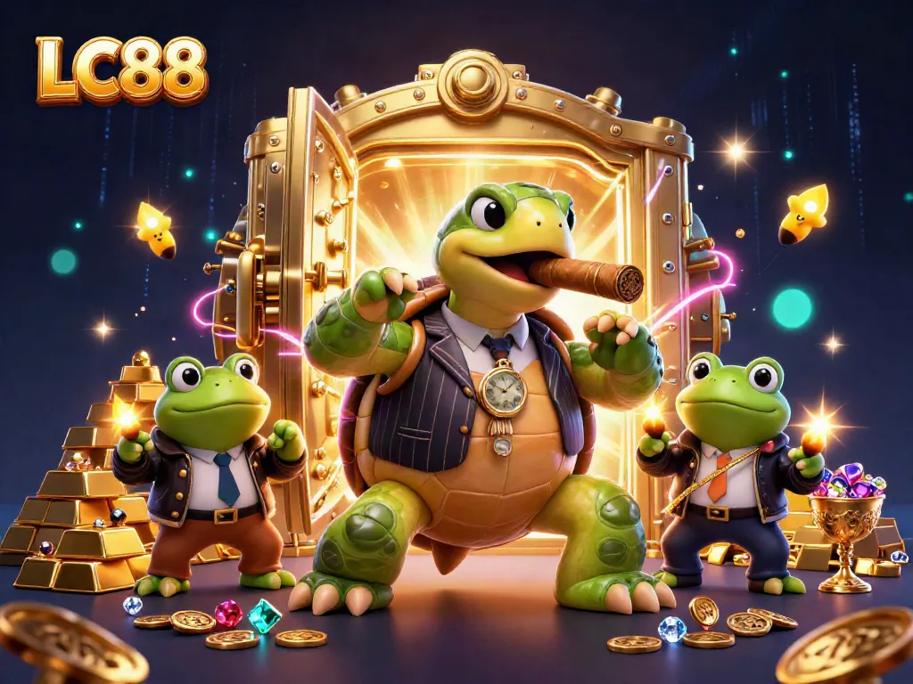 Enjoy the thrilling energy of LC88 with a cartoon turtle and bullfrog enforcers amidst gold treasures and casino excitement.