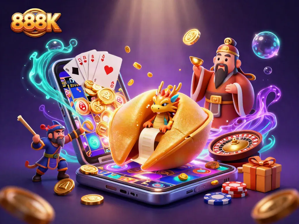 Experience thrilling gameplay with 888K's interactive casino scene featuring a golden fortune cookie and dynamic game elements.