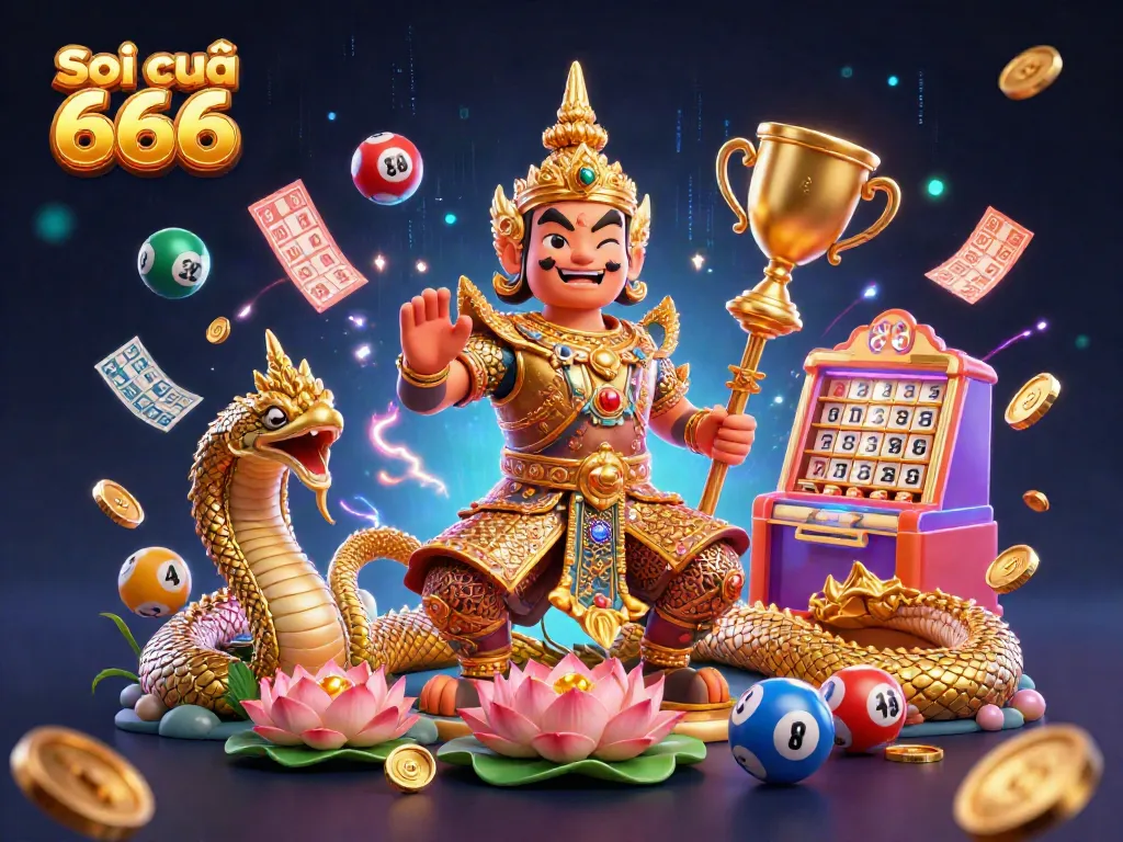 Soi cầu 666 features a vibrant lottery scene with characters and dynamic elements symbolizing winning potential.
