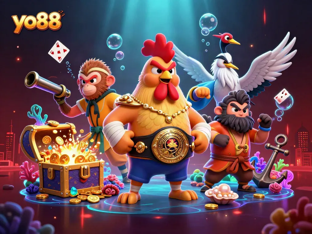 Engage in thrilling games at yo88 with a vibrant 3D casino illustration featuring dynamic characters and rich treasures.