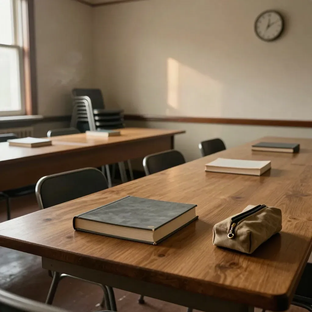 Pusty seminar i stół z zamkniętymi podręcznikami, piórnikiem i krzesłami przed zajęciami