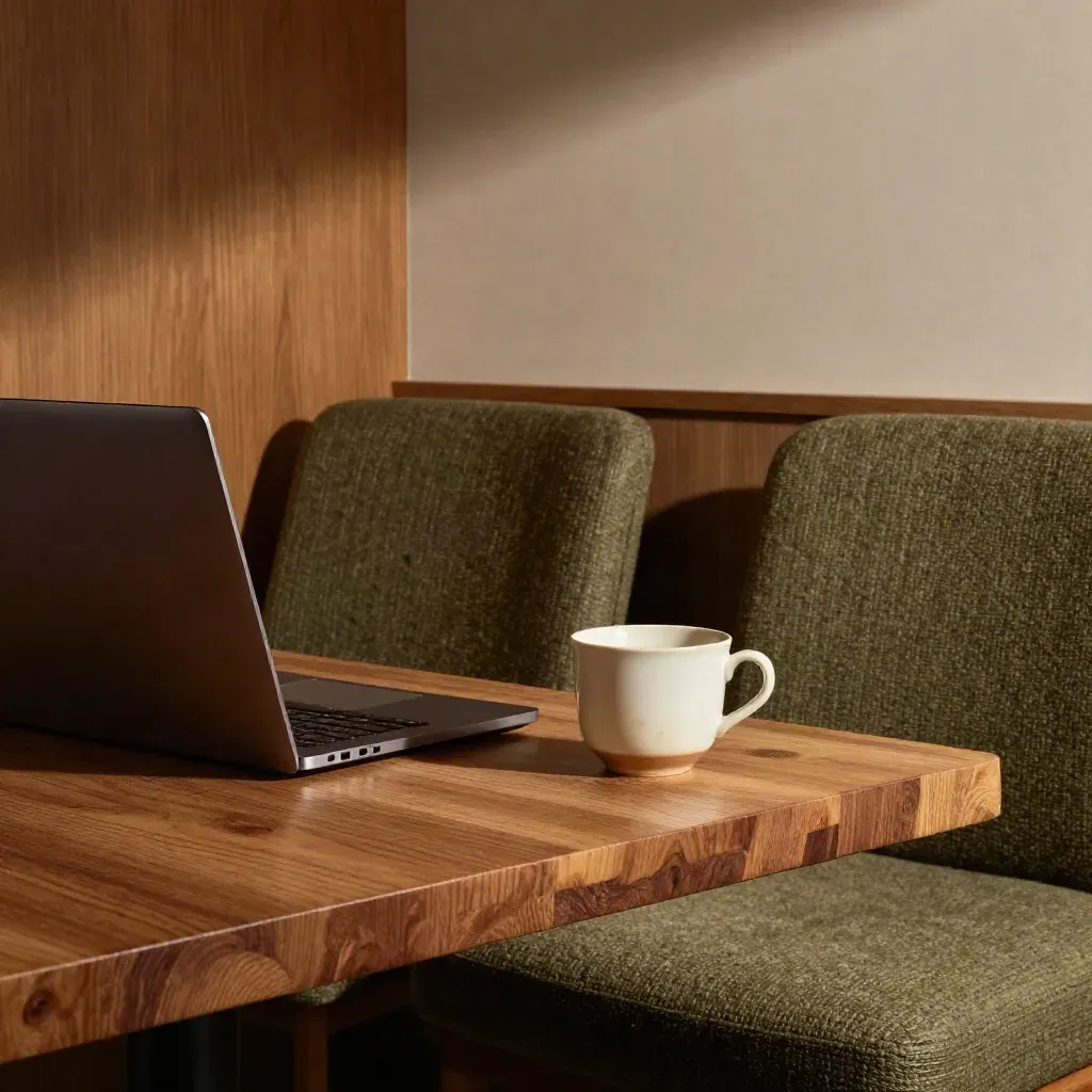 Cicha nisza konsultacji kadry: fotele, stół z drewna, zamknięty laptop i porcelanowy kubek w półmroku.