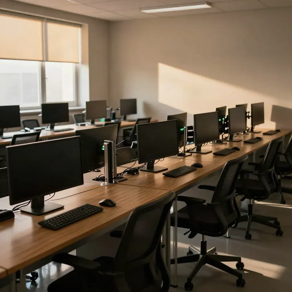 Pusty nowoczesny laboratorium komputerowe gotowe na zajęcia, z równymi stanowiskami i świecącymi diodami.