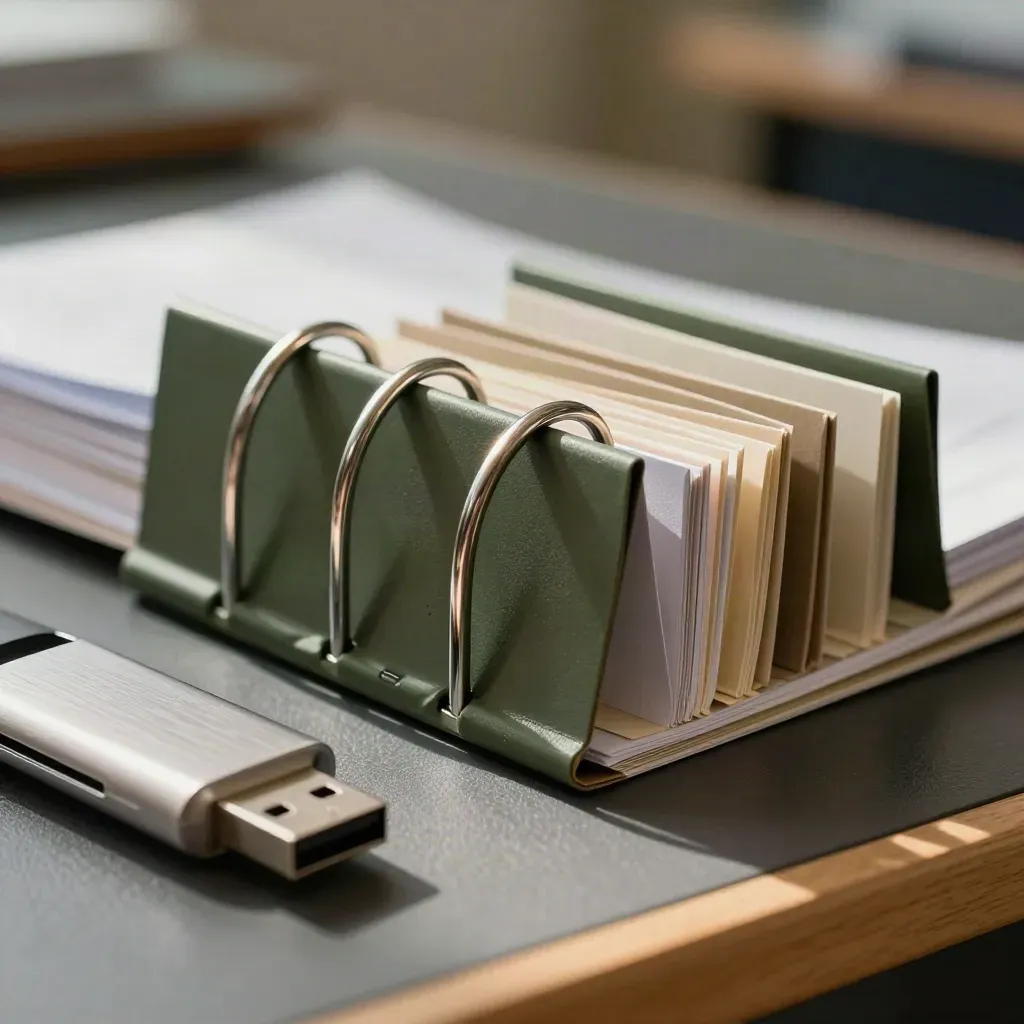 Makro materiałów organizacyjnych programu studiów: segregatory, zakładki, pendrive i karta indeksowa