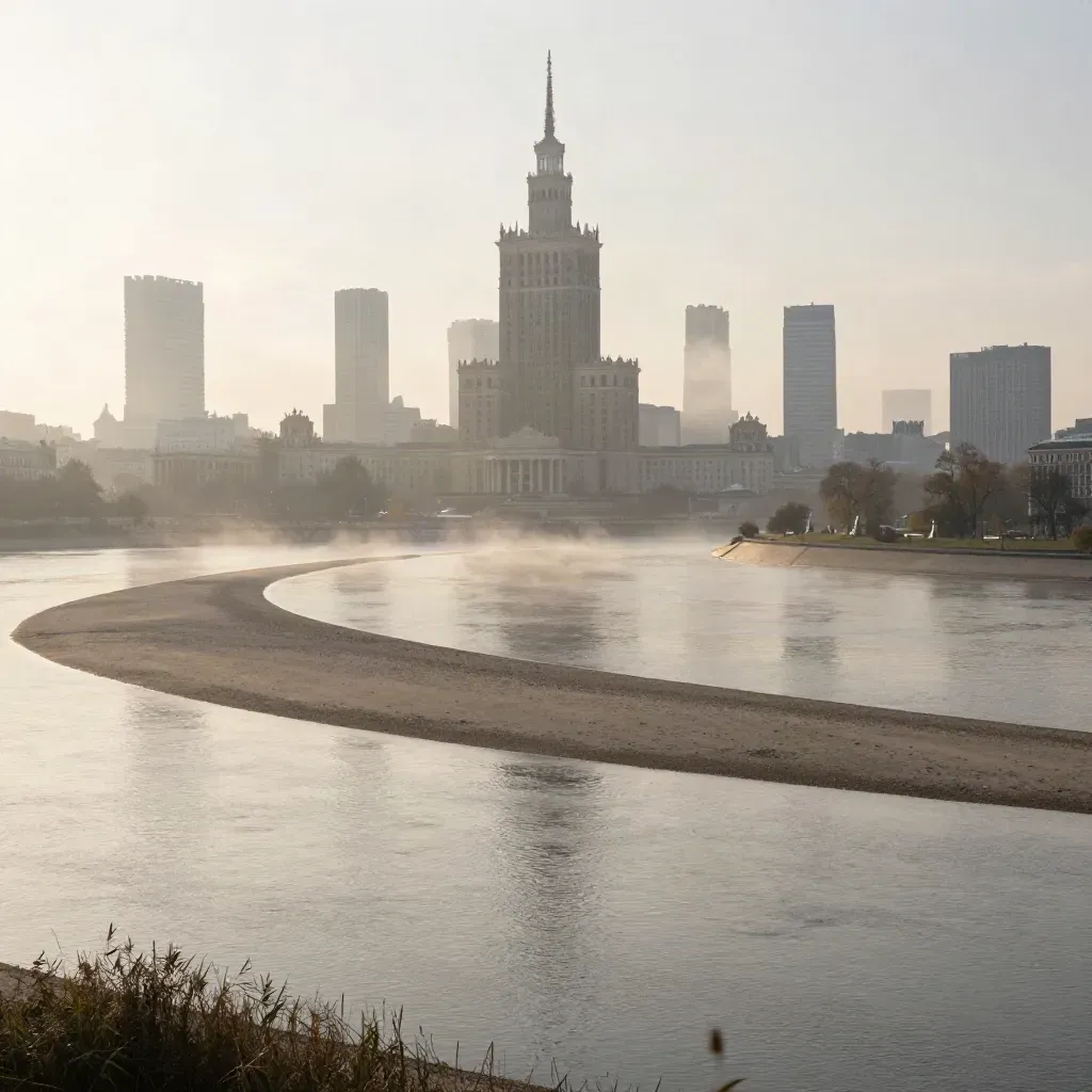 Warszawska panorama nad Wisłą w porannej mgle, z Pałacem Kultury wysoko w kadrze