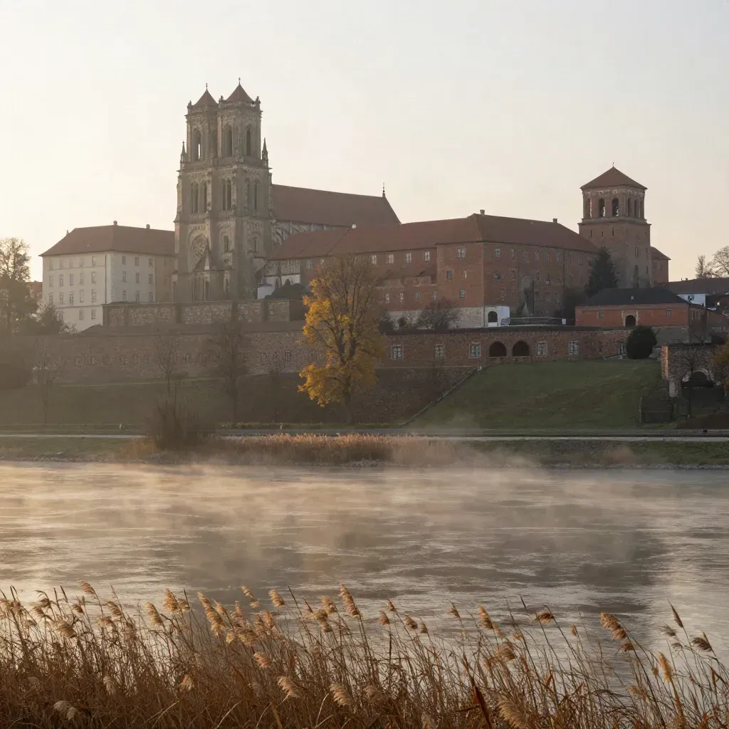 Zamek na Wawelu nad Wisłą o świcie, z mgłą i spokojnym brzegiem na pierwszym planie.