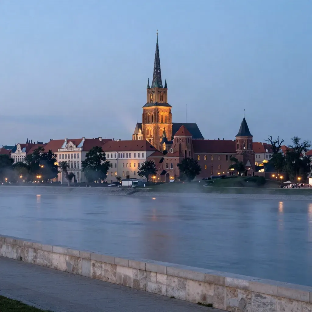 Wieczorny widok Ostrów Tumski nad Odrą we mgle, z wieżami wysoko i spokojną wodą poniżej.