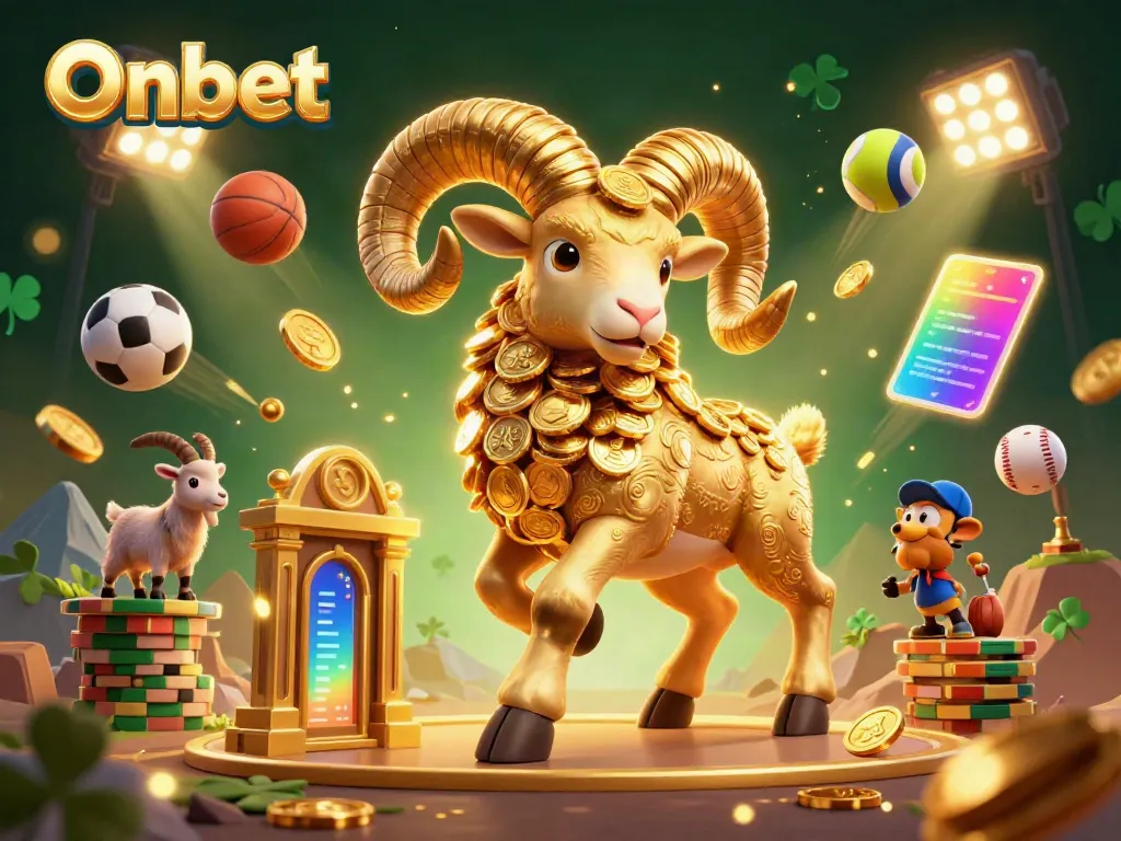 Join the excitement at Onbet with a dynamic scene of a golden ram charging through a casino gate amidst vibrant sports betting elements.