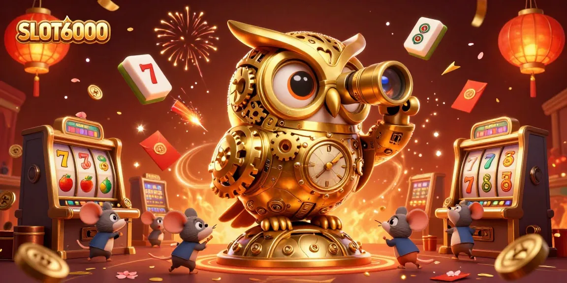 SLOT6000 spins with vibrant slot machines and a whimsical clockwork owl in a festive casino scene.