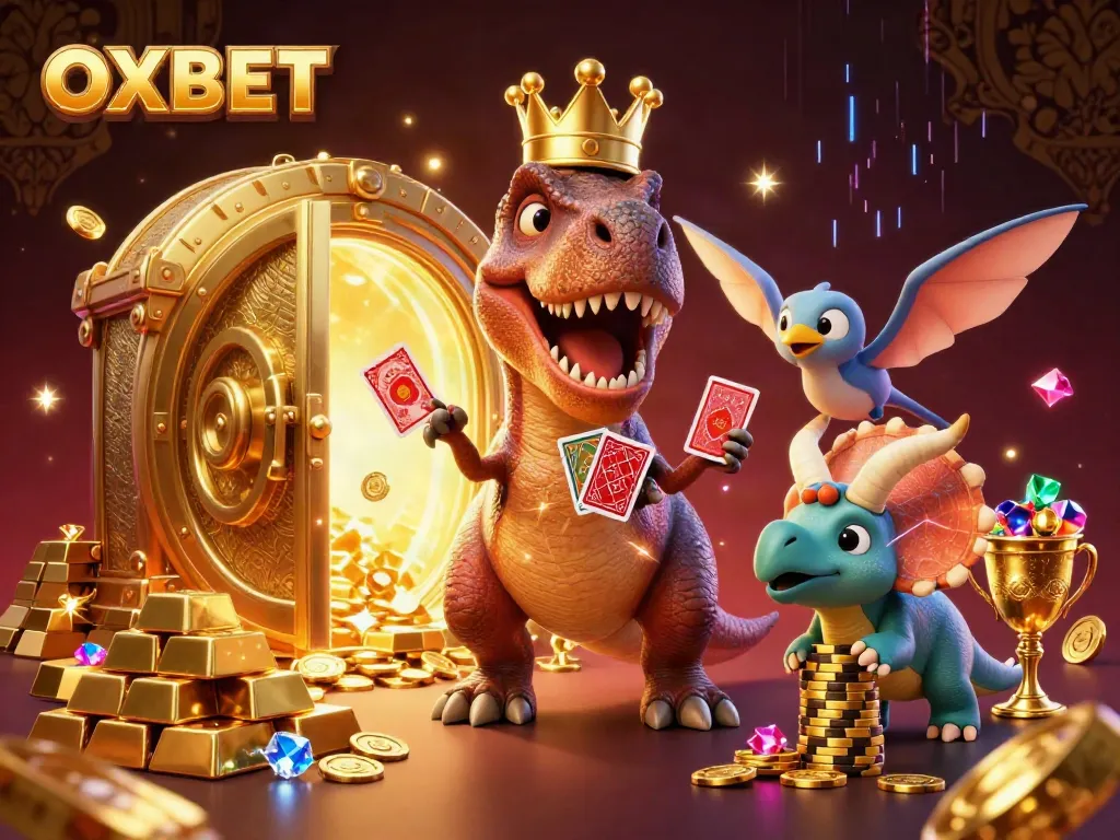 Join the fun at OXBET with a vibrant scene of casino chaos featuring dino-themed characters.