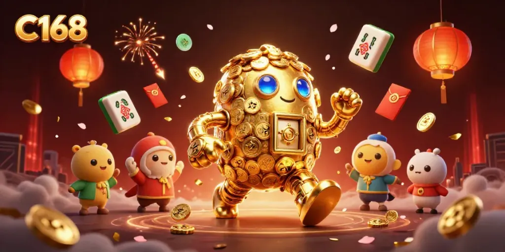 Play slots with C168 while surrounded by a dynamic casino scene featuring a golden golem and festive elements.