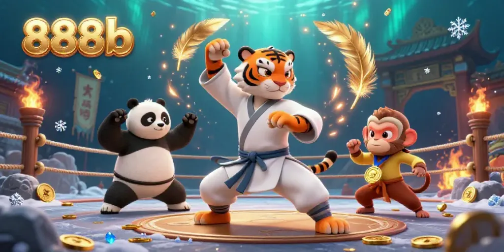Engage with 888b's thrilling 3D illustration featuring kung fu characters and dynamic casino elements.