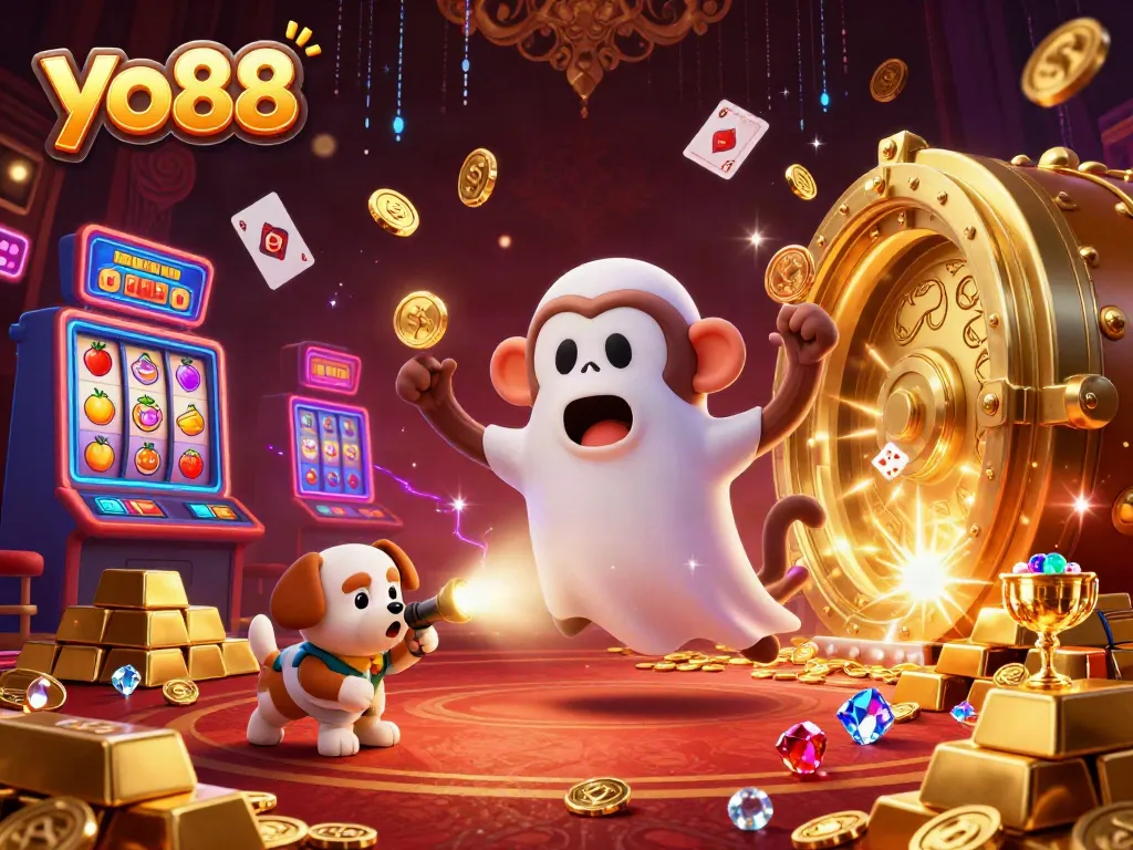 Engaging scene of yo88’s playful poltergeist monkey and ghost-hunter puppy amidst a vibrant casino with jackpot symbols.