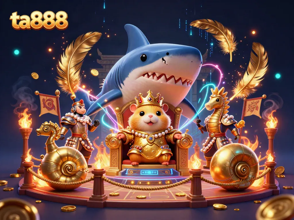 Engage in thrilling action at ta888 with a vibrant casino scene featuring a hamster king and aquatic royalty.