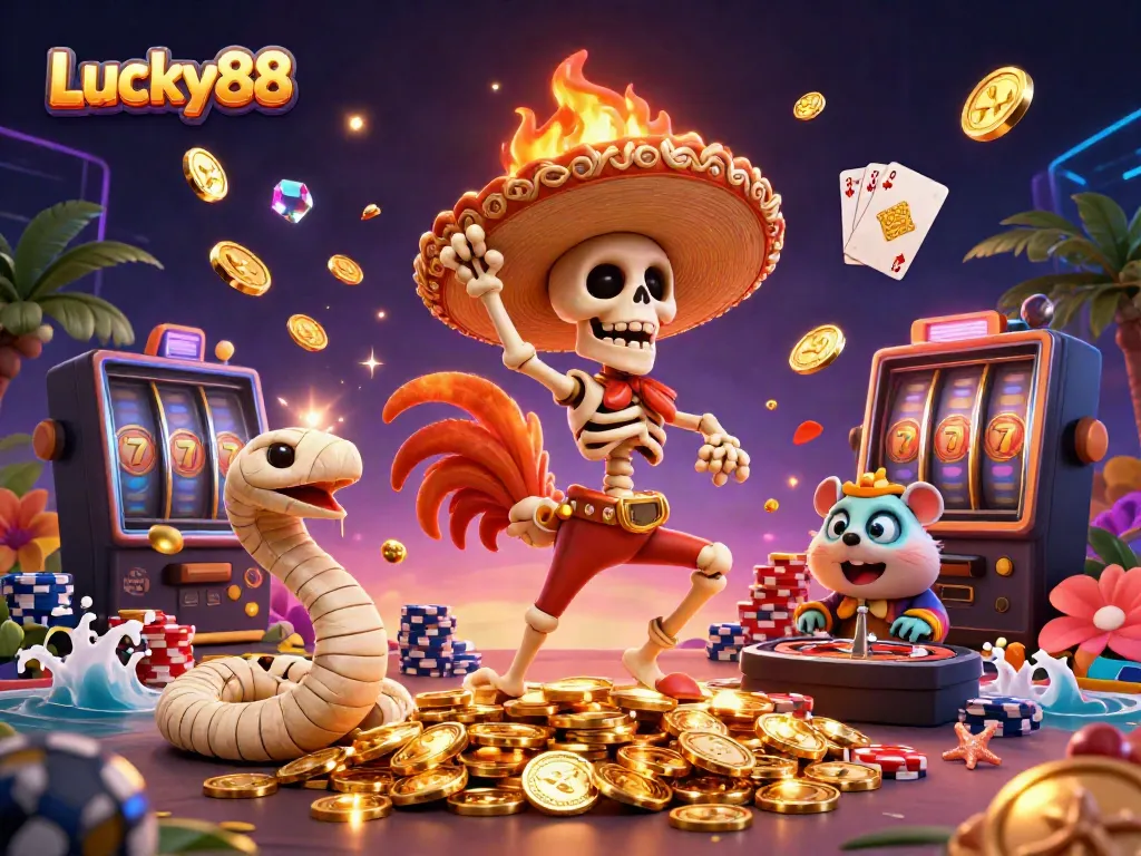 Engage with Lucky88's vibrant scene showcasing a festive mariachi rooster, a mummy snake, and a DJ hamster amidst dazzling casino elements.