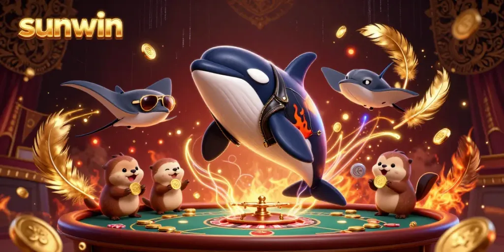 Engage with sunwin in this vibrant casino scene featuring fun animated characters and gold coins flying around.