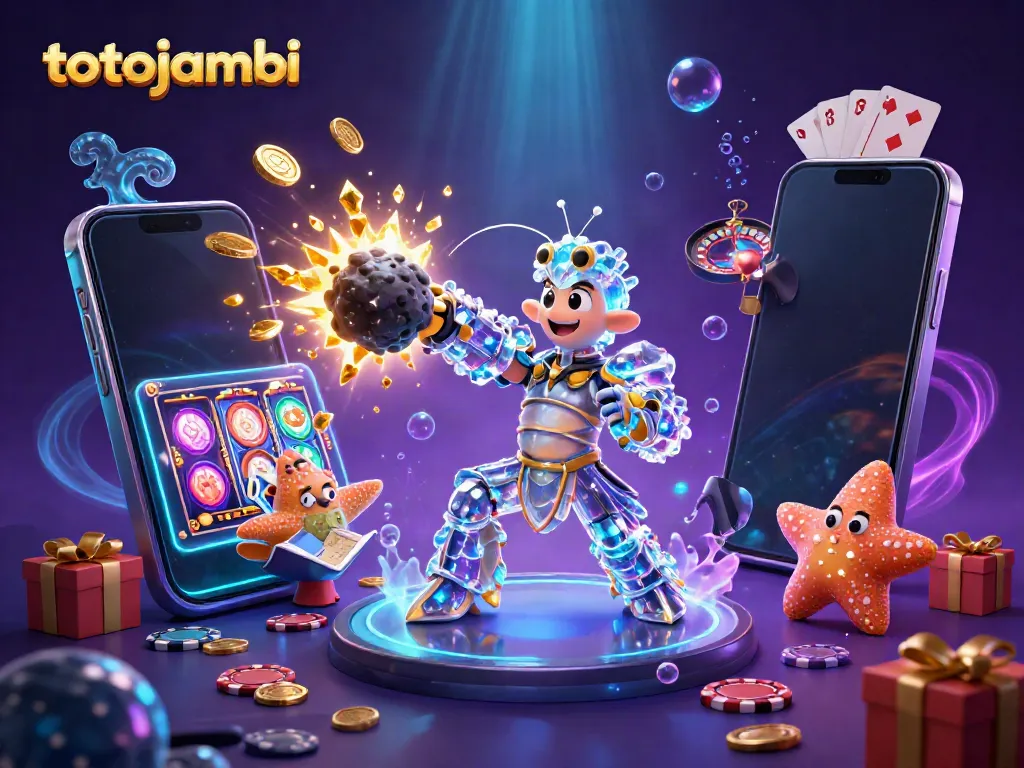 Totojambi showcases an energetic scene with a galactic samurai mantis shrimp and a starfish in a cosmic casino.