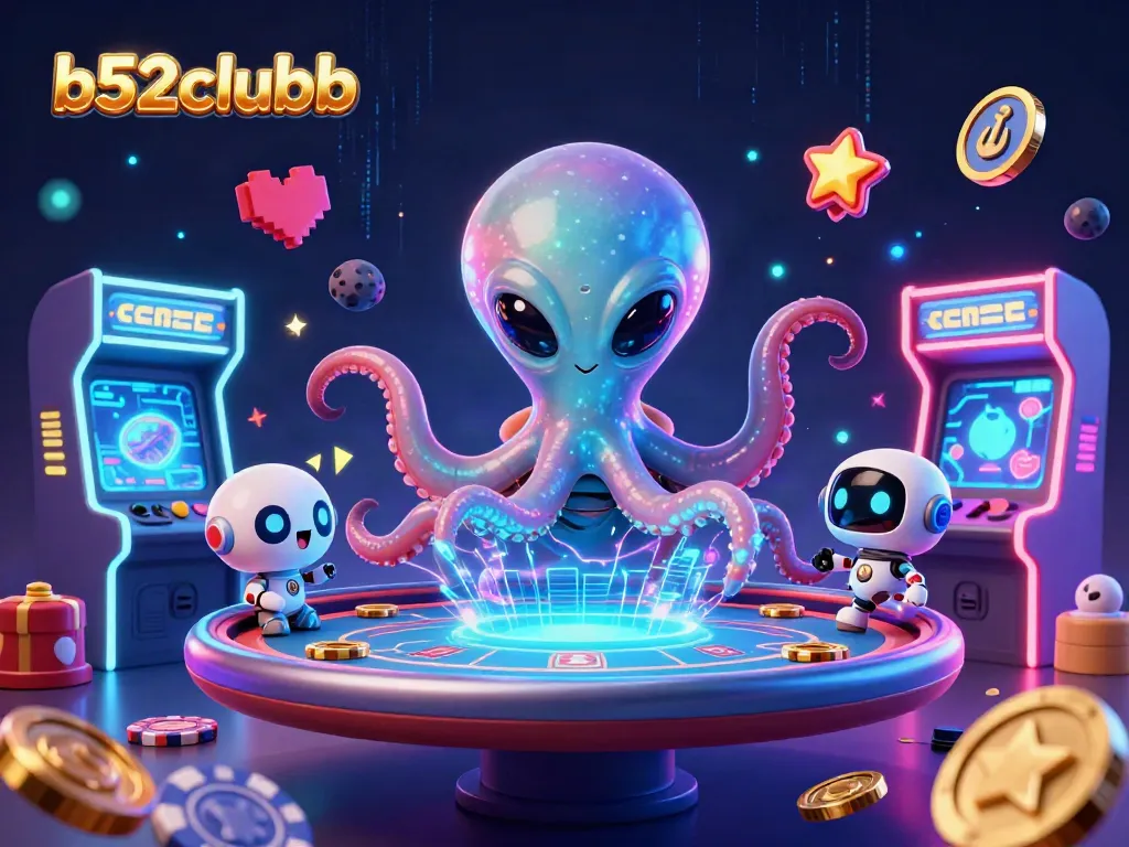 Engage with the exciting world of b52clubb through a vibrant 3D casino scene featuring an alien octopus.
