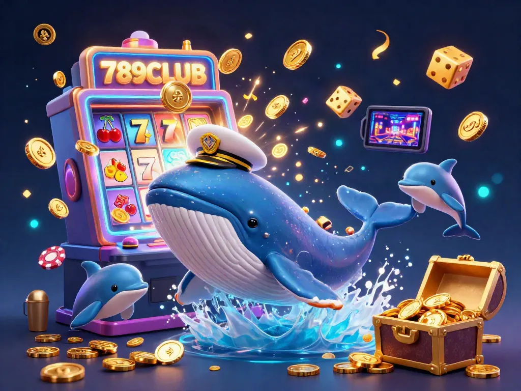Experience thrilling jackpots at 789CLUB with a massive 3D cartoon whale and playful dolphins in a vibrant casino scene.