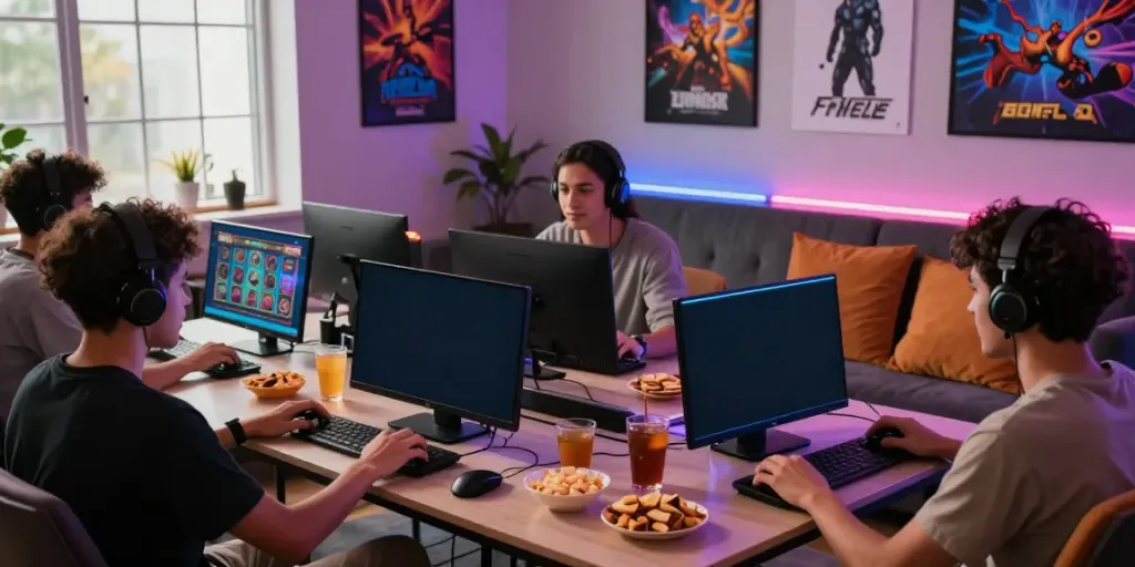 Engaged friends excitedly exploring Seributoto daftar on their smartphones within a lively gaming setup.