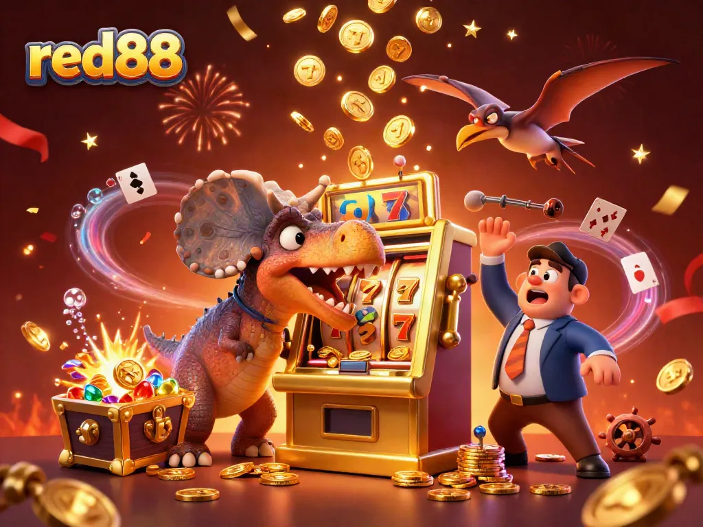Experience the thrill at red88 as a pachycephalosaurus wins jackpots while coins rain down.