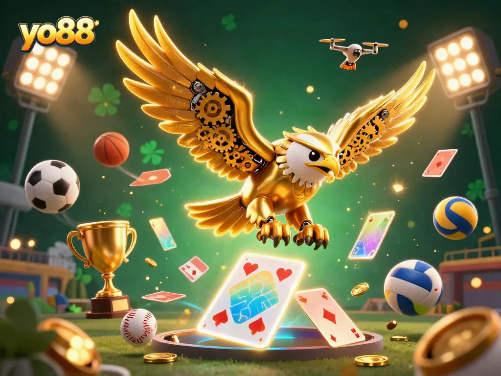 Experience the thrilling gaming adventure at yo88 with the vibrant scene of a golden eagle diving through shimmering cards.