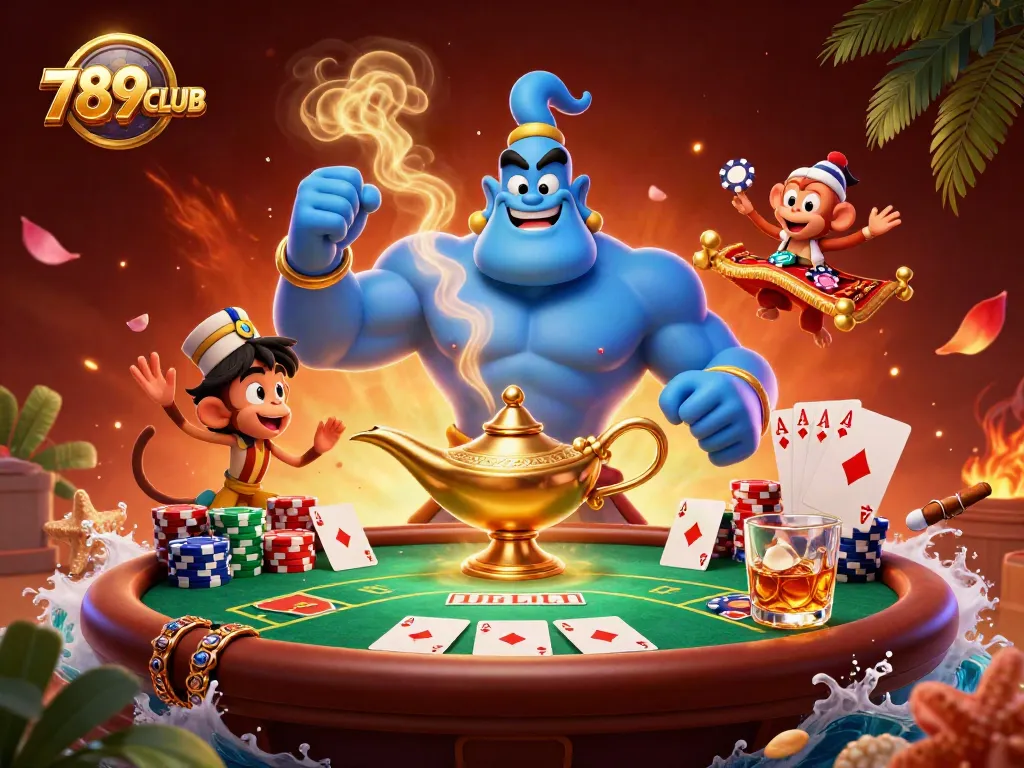 Engage in exciting poker action at 789CLUB with a vivid 3D casino scene featuring magical elements.