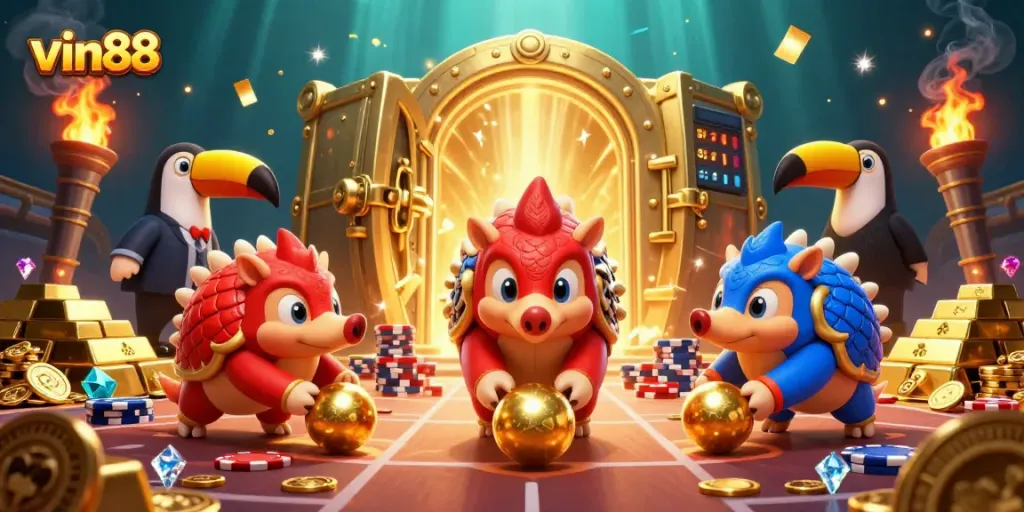 Experience thrilling gameplay with vin88's vibrant pangolin characters bowling through poker chips, surrounded by treasures.
