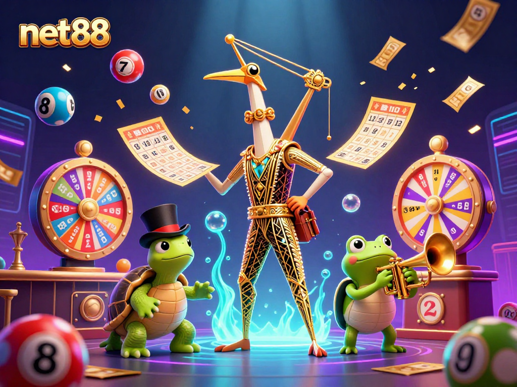 Engage with net88 at a vibrant 3D speakeasy casino scene featuring unique characters and dynamic lottery elements.