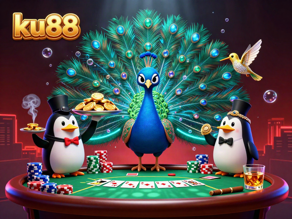 Engage with ku88's vibrant casino atmosphere featuring a majestic peacock and an elegant poker scene.