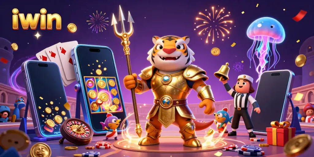 The vibrant underwater scene highlights an iwin moment with a shark in armor, celebrating wins with games and rewards.