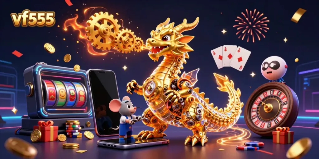 Experience the thrill of vf555 with a golden dragon and immersive casino elements in a vibrant setting.
