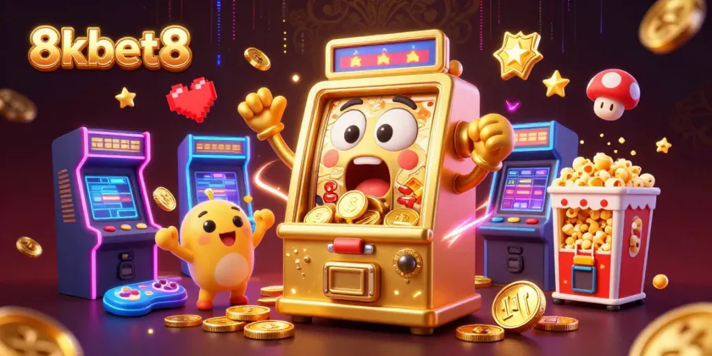 Engaging 3D casino scene with the golden slot machine celebrating a jackpot at 8xbet8 with cheering baby machines.