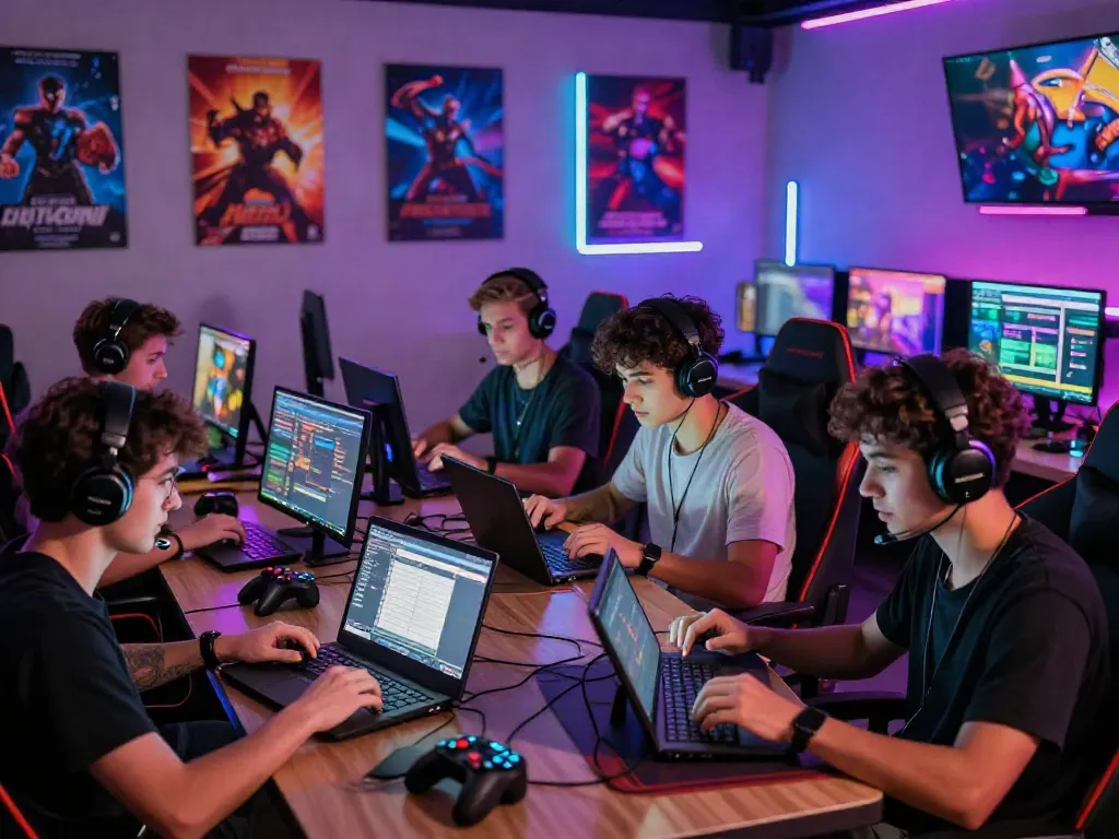 Players enjoying competitive gaming at man88's online casino, modern atmosphere, vibrant lighting.